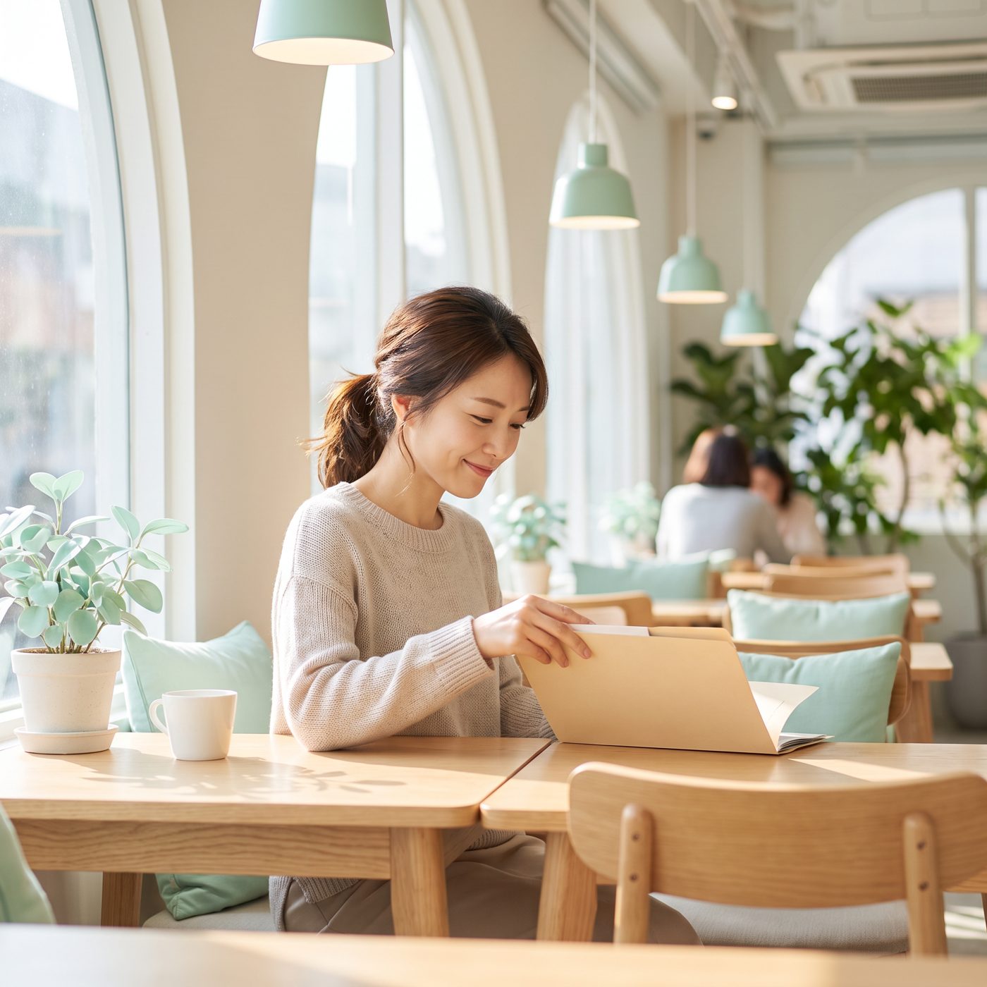 明るいカフェで書類を確認し、安堵の表情を浮かべる女性