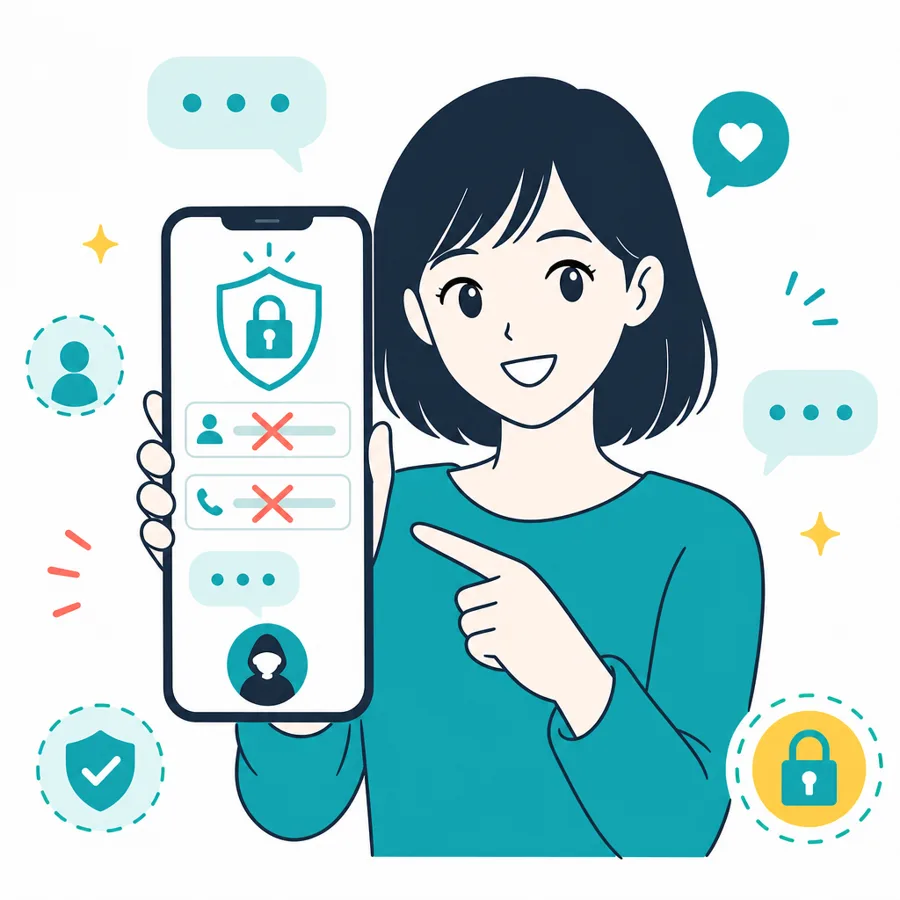 スマートフォンの匿名相談フォームを見せる女性のイラスト