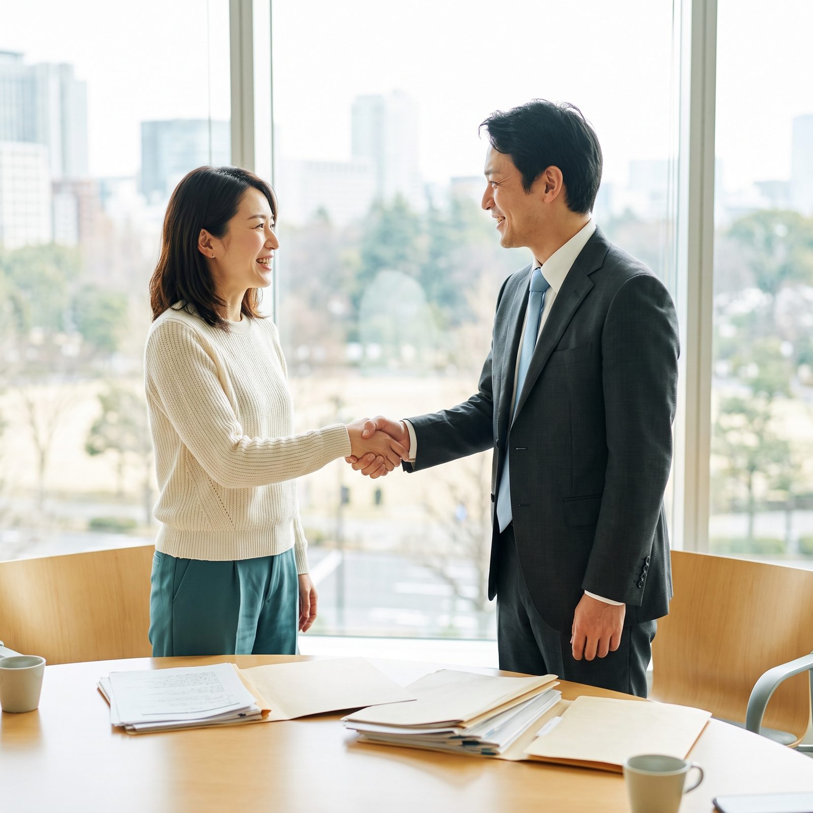 明るい会議室で弁護士と握手する女性