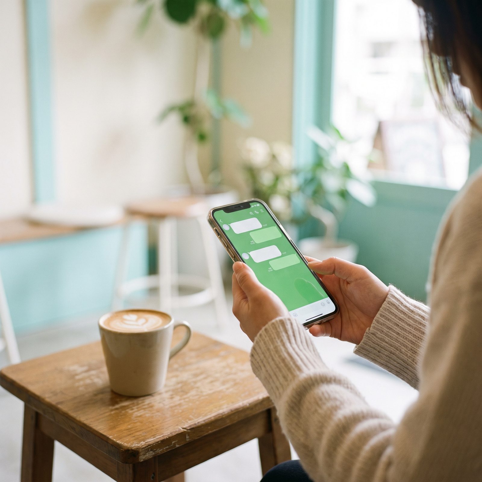 カフェでスマートフォンのメッセージ画面を見る手元